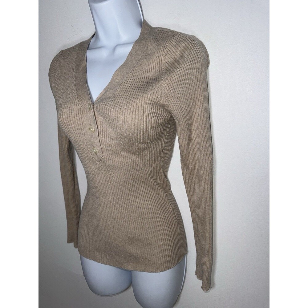 Varley Women's Small V-Neck Rib Knit Top Long Sleeve Cement Beige